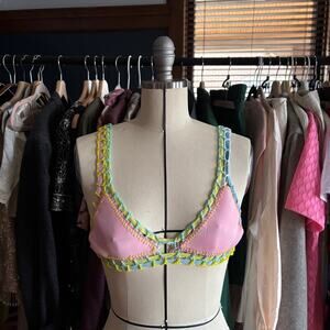 WTI Design Pink Crochet Trim Bikini‎ Top NWT Size M Multicolor Swimwear
